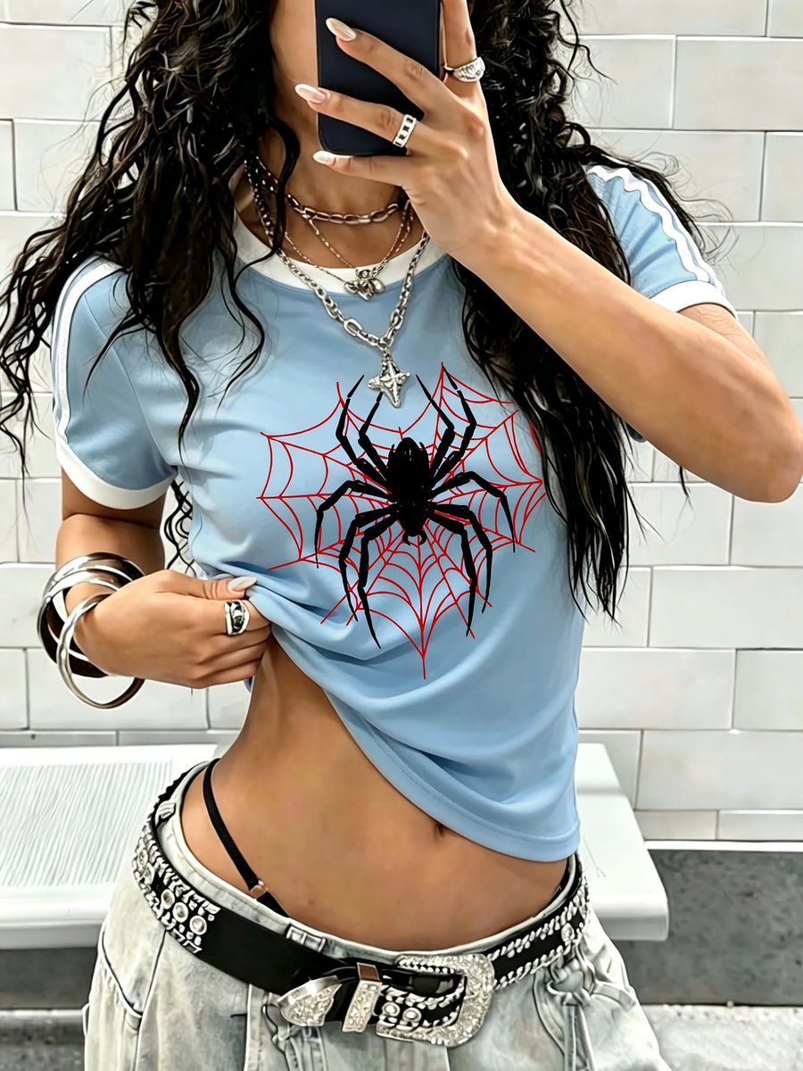 1pc New European American Women'S Contrast Trim Design Short Multicolor T-Shirt Slim Short Sleeve - Cartoon Fun Retro Individual Niche Y2K Dark Gothic Style Easy Creative Heart Spider Web Pattern Print Design Fashion Sweet Cool Trendy Street Hot Sty - Light Blue