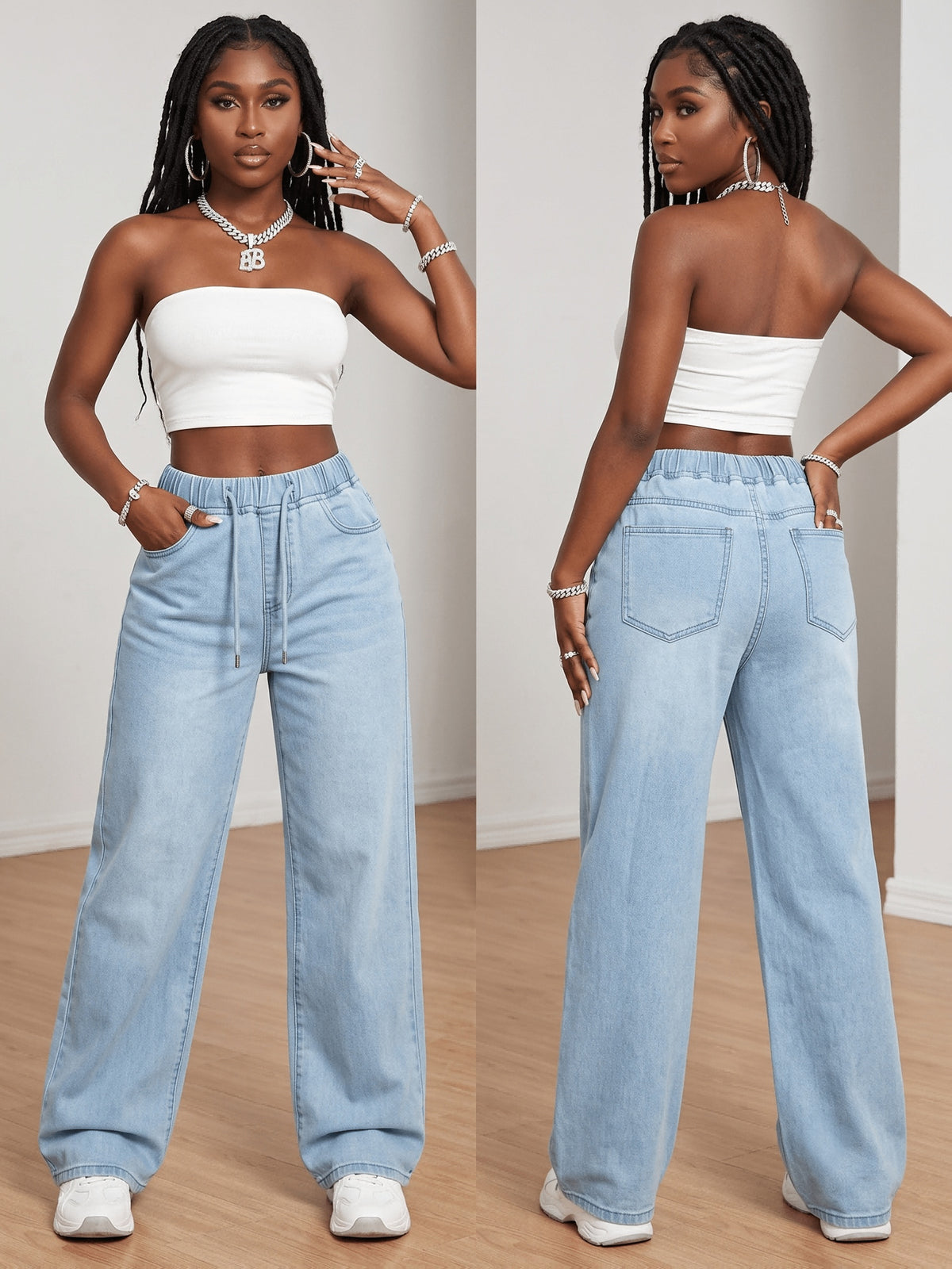 Women'S High-Waist Elastic Waist Drawstring Straight-Leg Jeans, Light Wash Loose Wide-Leg Trousers, Casual Street Style Commuter Pants - Blue