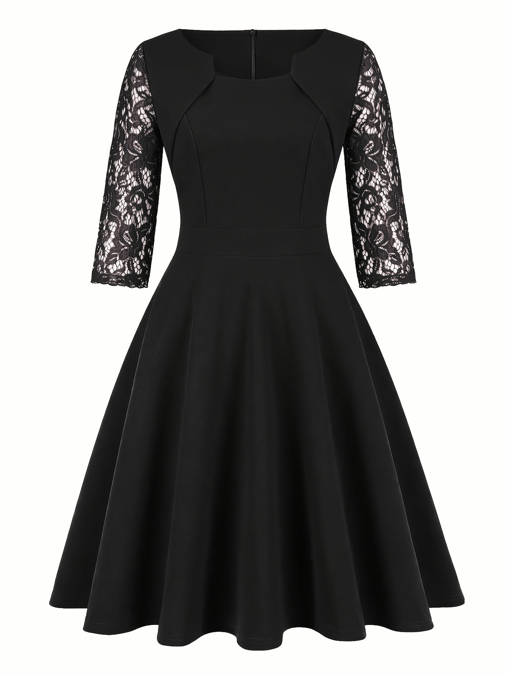 Women'S Fashion Vintage Square Neck Floral Lace Party Swing Dress - Black
