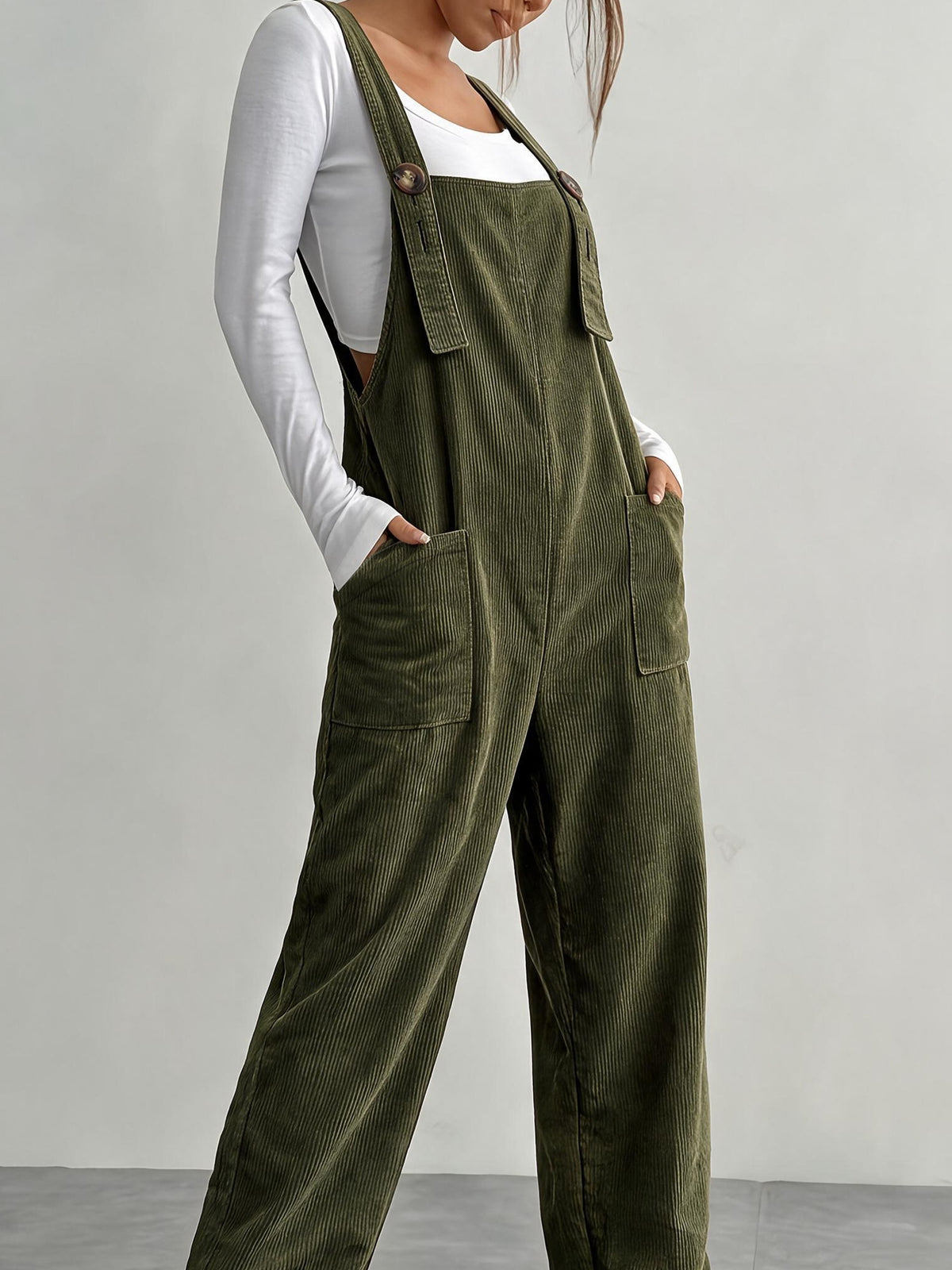 Women's Olive Green Corduroy Overalls, Relaxed Autumn Vibe French-Style Casual Workwear with Large Pockets - Olive Green