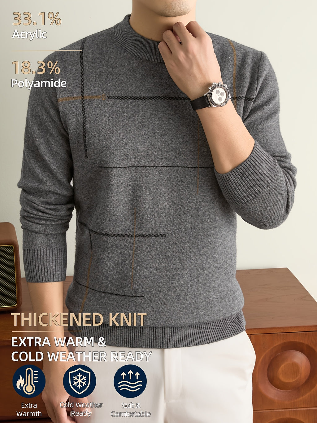 Men's Fall Winter Knit Pullover Sweater with Classic Stripes. Thick, Warm and Comfortable in a Timeless Old-money Style. Perfect for Commuting, Casual Wear, Sports, Hiking, Camping and Fishing. A Great Gift for Fathers and Husbands. - Camel