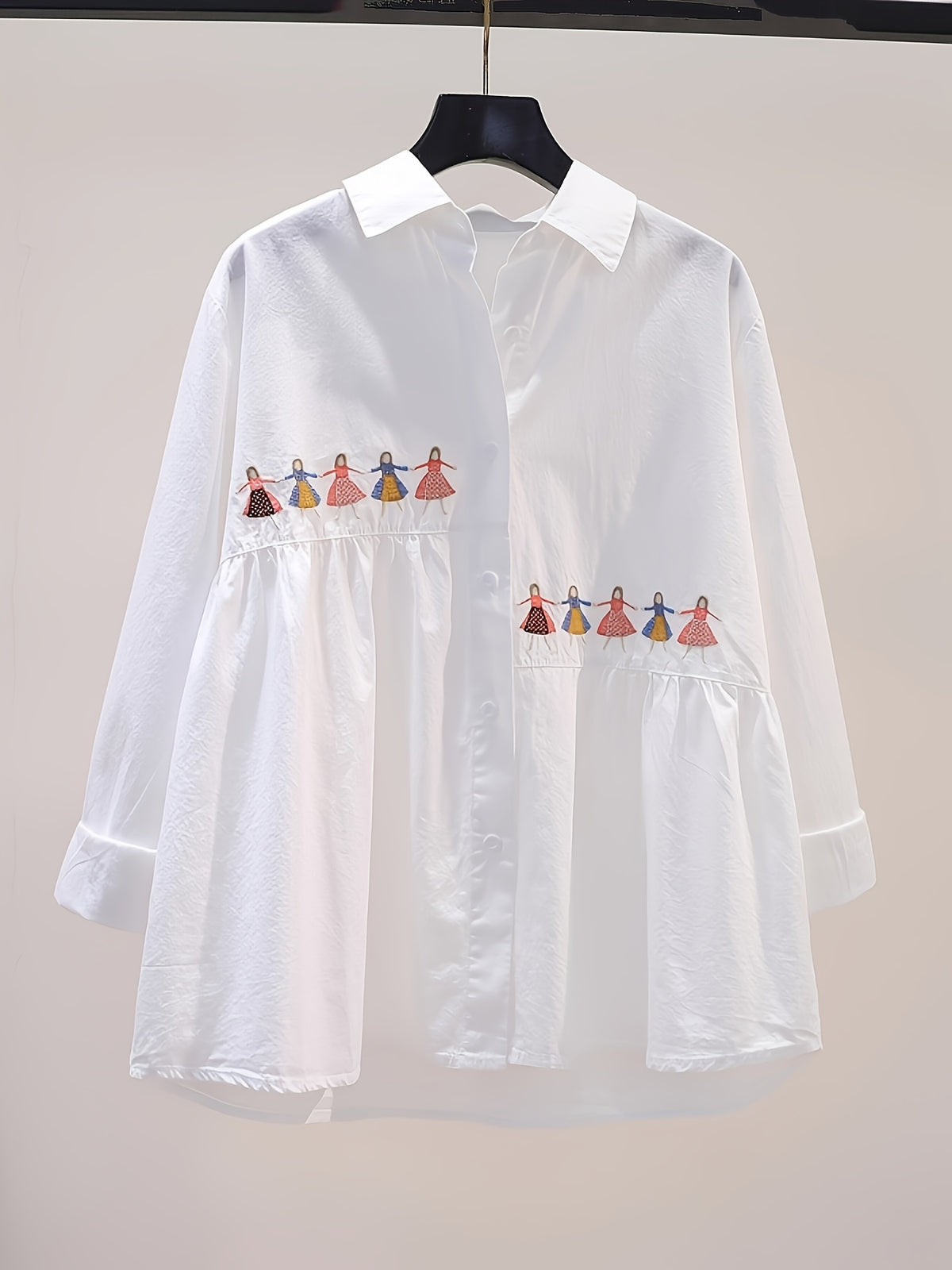 Women's Loose-Fit Long-Sleeve White Shirt with Cartoon Print, New Spring/Autumn Artistic Style Versatile Commuting Top - White