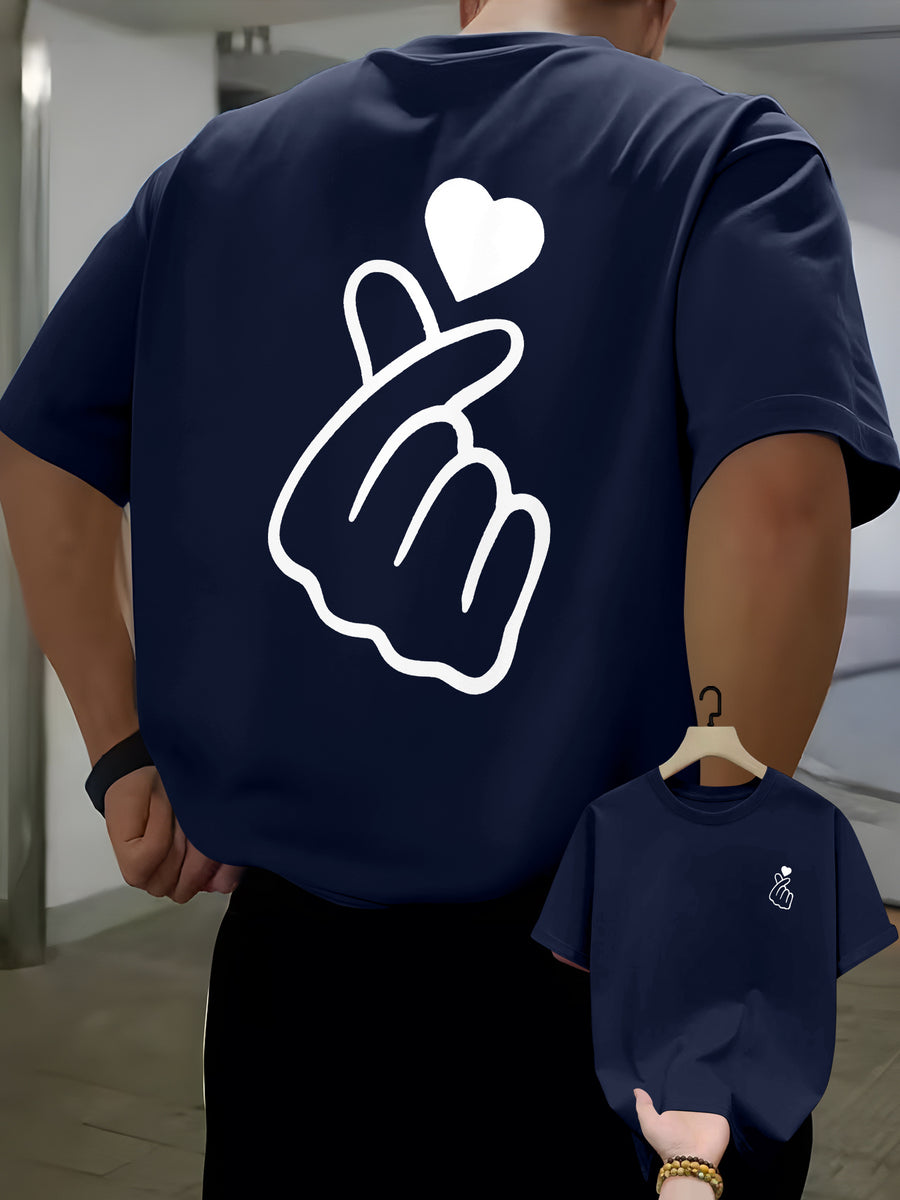 Men's Casual T-shirt with Heart-shaped Hand Gesture Print on Front and Back, Summer Round-neck Short-sleeve T-shirt, Fashionable and Versatile Trendy Short-sleeve Top for Men - Blue Navy