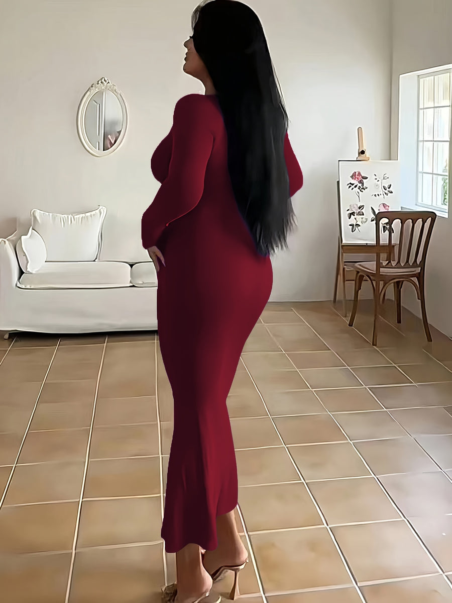 Tight Ultra-Long Women'S Autumn Long Sleeve Square Neck A-Line Sexy Bodycon Dress - Burgundy