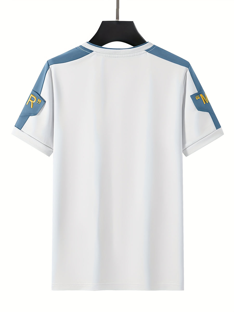 Printed Design - Non-Textured Men's Fashion T-Shirt, Men's Summer Patchwork Short-Sleeve T-Shirt, Summer Casual Sport Crew Neck Top for Men, Trendy Stretchy Breathable Versatile T-Shirt for Men, Suitable for Summer Street Sport Casual Wear, Can Be - Mixed colors
