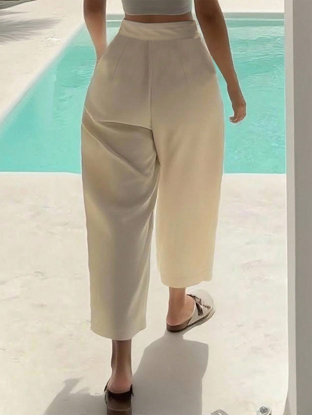 Casual Daily Street Fashion Solid High-Waist Slant Pocket Ruched Trousers - Easy Style, Suitable for Commuting/Work/Office/Casual Multi-Occasion Wear - Apricot
