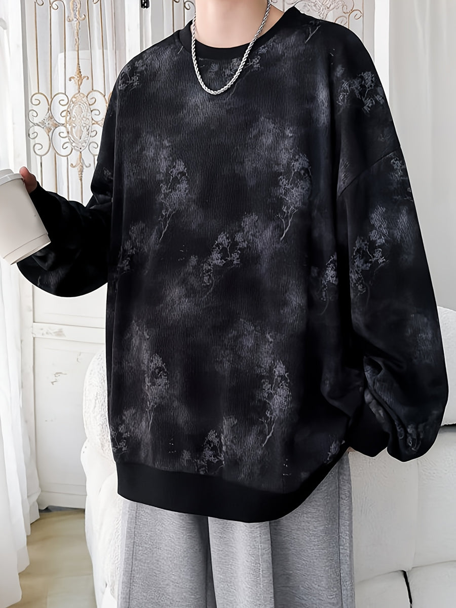 [Villa Le Water OBM] Men'S Korean Style Trendy Cool Round Neck Sweatshirt, Breathable And Skin-Friendly, Spring/Autumn Campus Outing Pullover - Black