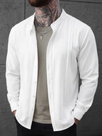 [Spring/Autumn Limited] Urban Side Pinstripe Men'S Long Sleeve Shirt, Woven Fabric Small Stand Collar Single Button Long Sleeve Basic Shirt with Side Pleat Detail to Break Monotone, Suitable for Daily Outings And Casual Dates - White