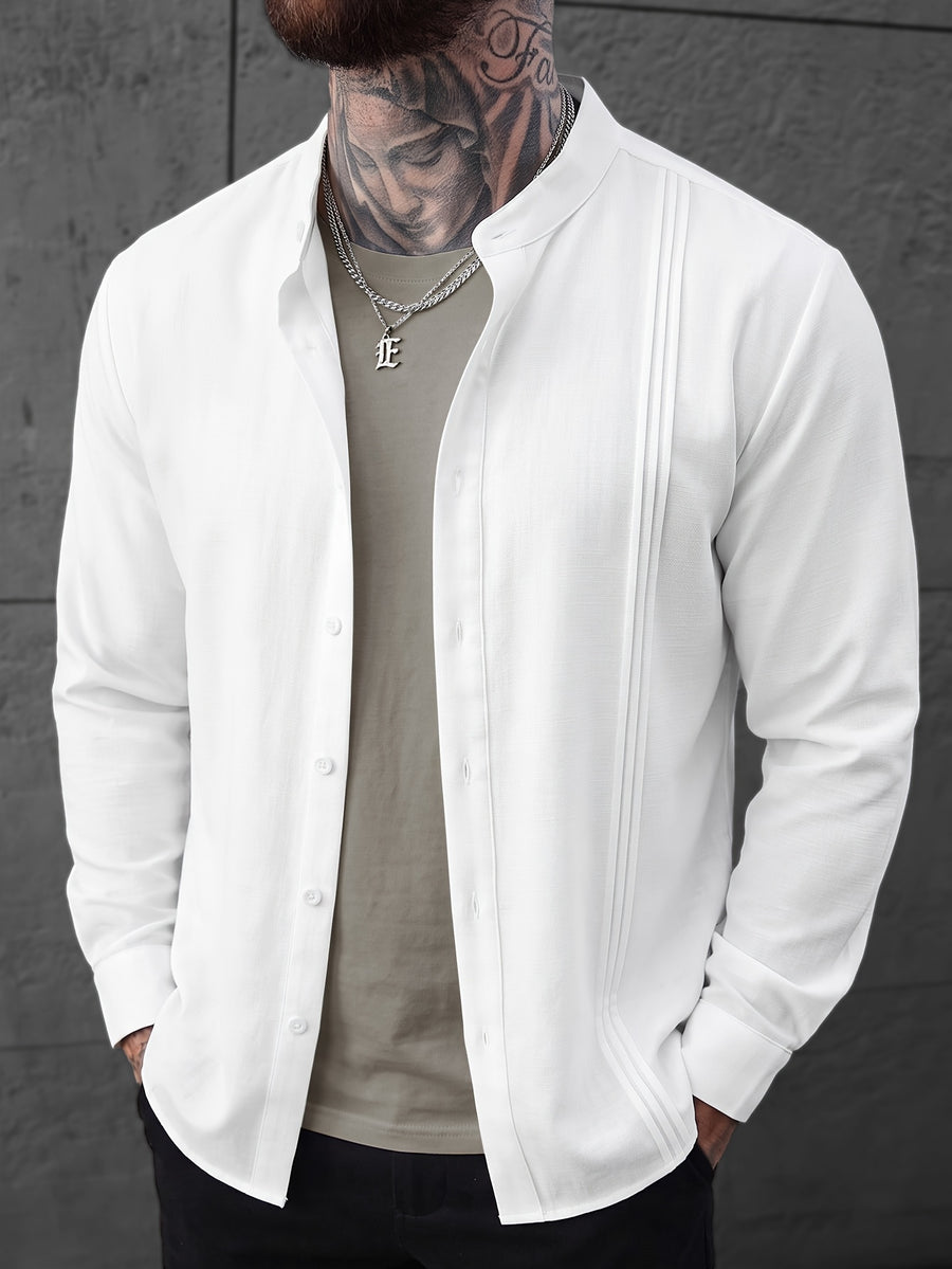 [Spring/Autumn Limited] Urban Side Pinstripe Men'S Long Sleeve Shirt, Woven Fabric Small Stand Collar Single Button Long Sleeve Basic Shirt with Side Pleat Detail to Break Monotone, Suitable for Daily Outings And Casual Dates - White