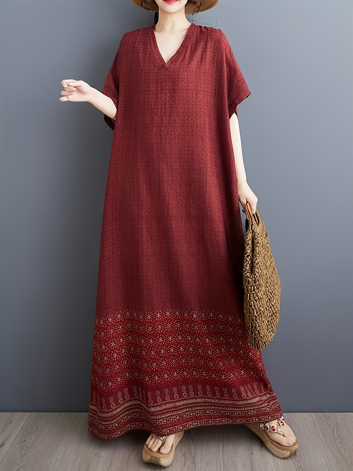 Plus Size Loose Comfortable Easy V-Neck Tie-Pocket Home Robe - Brick Red