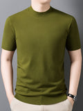 Men'S Summer Short-Sleeve Knit Top, Classic Round Neck Easy Solid Color Design, Breathable And Moisture-Wicking, Fashionable And Versatile in Multiple Colors, Suitable for Casual And Athletic Wear - Hay Green