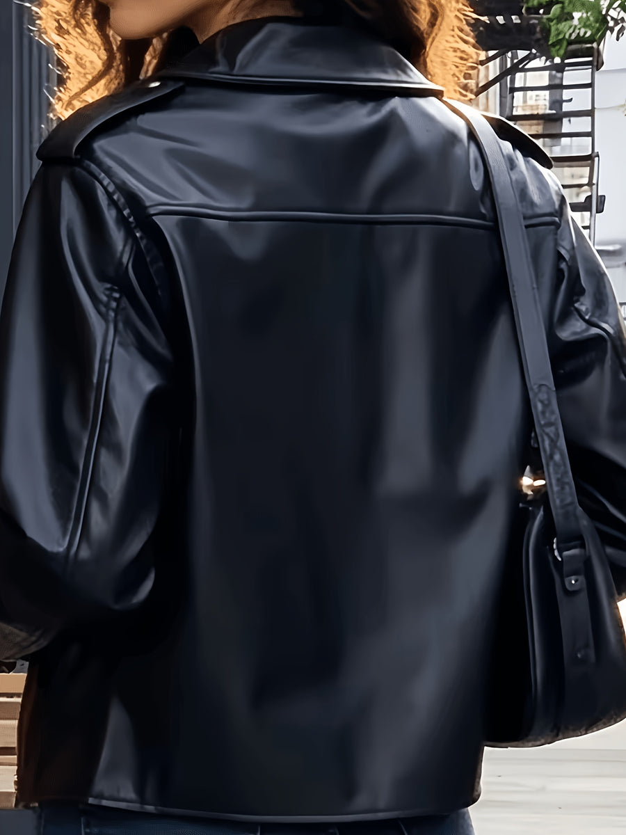 European Women's Jacket - Front Zip PU Short Jacket, Spring/Autumn Casual Long Sleeve Lightweight Outerwear, Women's Clothing - Black