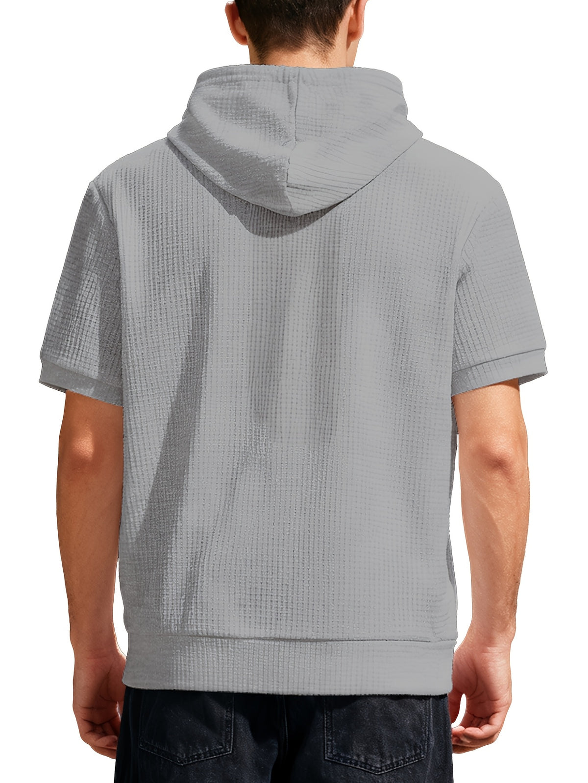 Men's Waffle Knit Short Sleeve Hoodie - Lightweight Breathable Pullover with Contrast Striped Kangaroo Pocket & Hooded Suitable for Spring Summer Fall Layering, Casual Streetwear Gift for, Husband, Boyfriend - Space Gray