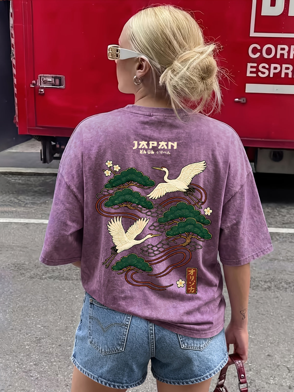 2026 Fashionable Trendy New Distressed Design Japanese Crane Pine Branch Print American Vintage Street Style Women'S Distressed All-Match Casual Retro Short Sleeve T-Shirt - Purple