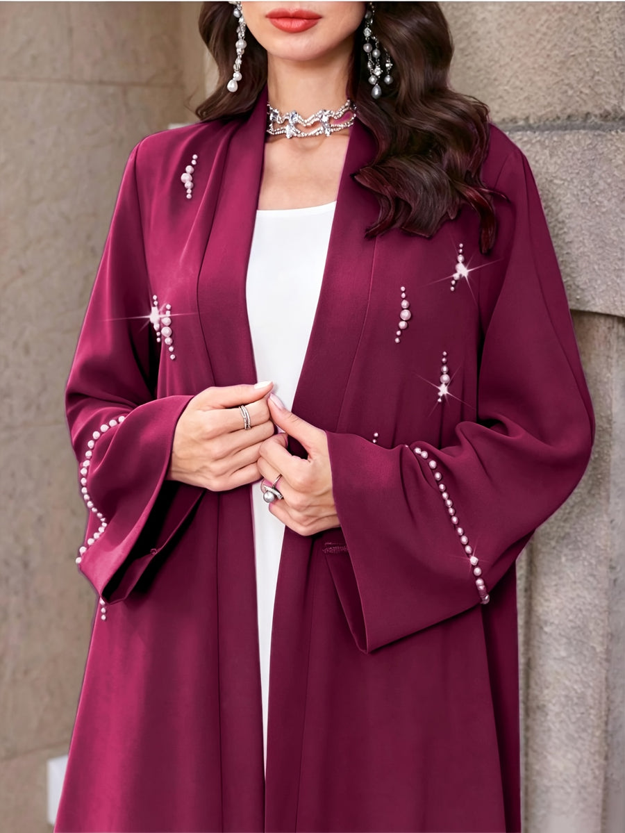 1pc Women Open Front Abaya Cardigan, Elegant Pearl Rhinestone Embellished Long Sleeve Maxi Outerwear, Modest Islamic Dubai Style Abaya Coat for Party Evening - Deep Red