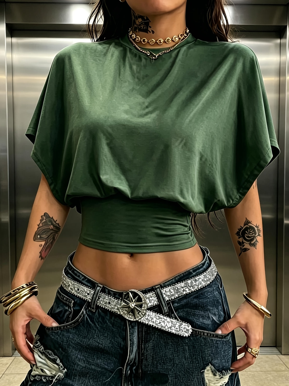 BK260403040 Women's Fashion Spring/Summer New Arrival, Stylish and Elegant, Solid Color No Print, Casual Versatile Waist-Cinching T-Shirt, Essential Basic Style—Suitable for Daily Spring/Summer Wear,, Beach, Vacation, and Home - Dark Green