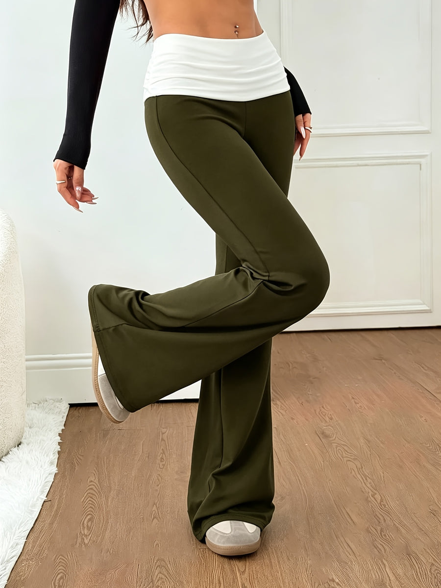 Women'S Casual Leopard Print Waist-High Contrast Black Flare Pants, Fashionable Textured Pattern Trousers, Leopard Print Trousers, Black Flare Pants, Cheetah Pattern Bottoms, Flare Leggings, Black Pants - Blackish Green