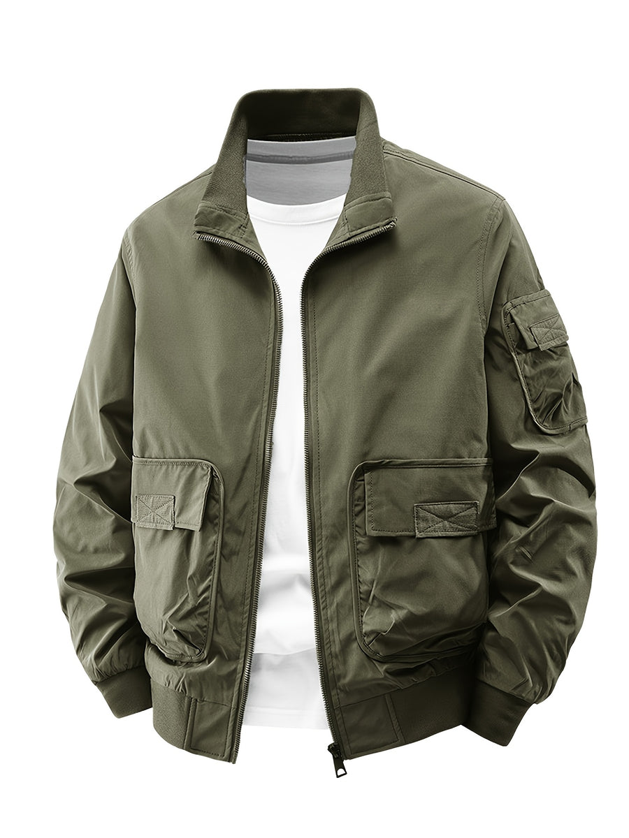 Outdoor Casual Loose Top Stand Collar Men'S Spring Autumn Men'S American 3D Pocket Flight Jacket Baseball Uniform Work Jacket Men - fern green
