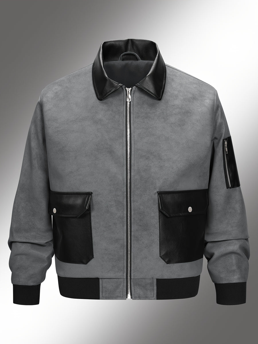 Men'S Color-Block Workwear Pilot Jacket, Lapel Multi-Pocket Zip-Up Autumn And Winter Casual Jacket, Suitable for Daily Work Scenarios - Grey