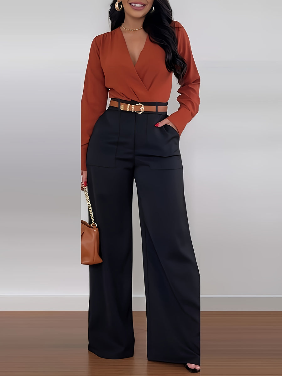 Women'S Trousers, Solid Color High Waist Wide Leg Casual Elegant Trousers (No Belt) + [Ta Lan] - Black