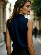 Casual Linen Sleeveless Shirt for Women, Commuting Beach and Holiday Style Blouse - Deep Blue