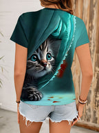 Summer Fashion  Women's Cat Print T-Shirt, Casual Crew Neck Short Sleeve Top, Cute Kitten Pattern Top, Teal Gradient Daily Wear Top - Mixed colors