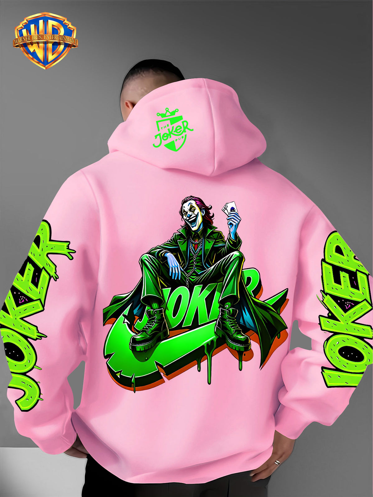 Warner Bros. American Trendy and Cool Hook, Hisley Jay Joker, JOKER Splashed Ink Graffiti Print Hooded Sweatshirt, with Adjustable Drawstring, Comfortable and Warm, Fashionable and Versatile Men's Casual Sweatshirt - Pink Color