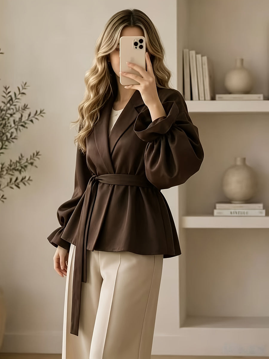 Chocolate Brown Wrap-Front Outerwear with Waist Cinching Ruffle Hem, Elegant Daily Outerwear, Vintage V-Neck Tie-Waist Blouse with Puffy Long Sleeves, Loose Fit Minimalist Style Women's Top. Women's Wrap-Front Outerwear, V-Neck Lantern Sleeves - Coffee Color