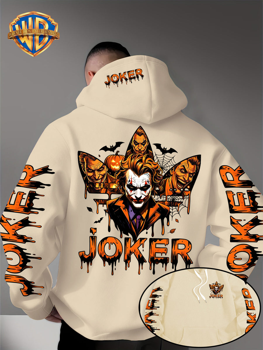 Warner Official - Men's Fashion Hoodie Sweatshirt, Halloween-themed Bat and Spiderweb Hand-Drawn Graffiti Suit Joker with Three Different Evil Smile Expressions Joker Head + "JOKER" Lettering Creative Pattern Print, Soft and Skin-Friendly Fabric - Apricot
