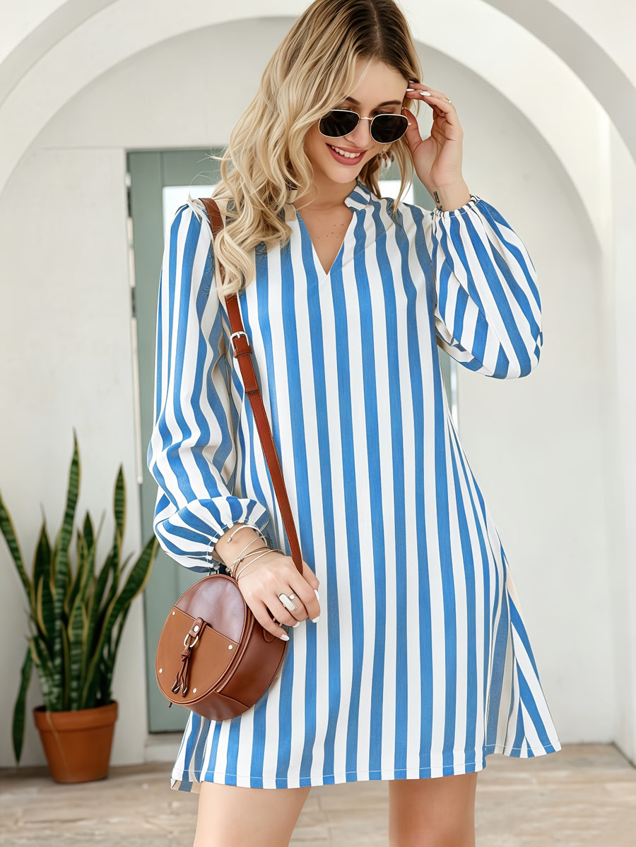 Women'S Friends Kasaya Striped Slit Neck Waist-Cinching Dress - Light Blue