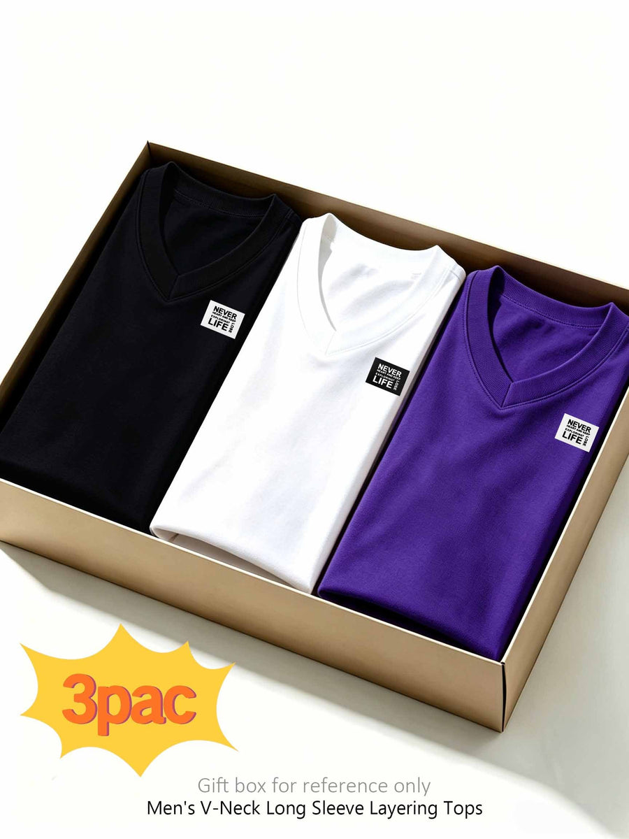 100%, 3pcs Men'S V-Neck Long Sleeve Chokers T-Shirts, Men'S Knit Sweatshirt, New Casual Athletic Ribbed Collar Top - Black+white+purple
