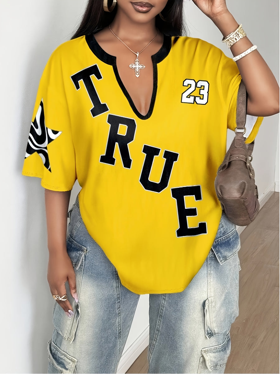 [Development QD260116175] Women's Letter Print V-Neck Drop Shoulder Sleeve Loose Fit T-Shirt for Daily Casual Wear - Yellow