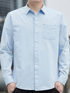 [Uomo Le Mi OBM] 1pc Spring/Autumn New Men'S Formal Shirt, Solid Color Lapel Pocket Open-Front Long Sleeve Shirt, Men'S Business Casual Fashion Versatile Shirt Jacket, Suitable for Spring And Autumn Single Wear Or Outerwear, Fits Daily And Casual - Sky Blue
