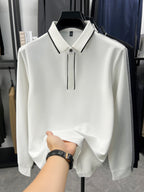 Autumn Multi-Color Selectable Men'S Contrast Edge Long Sleeve Polo Shirt, Comfortable Fabric, Easy Lapel, Delicate And Smooth, Loose Fit, Business Commute, Visiting Friends, Business Travel, Home Casual Top - White