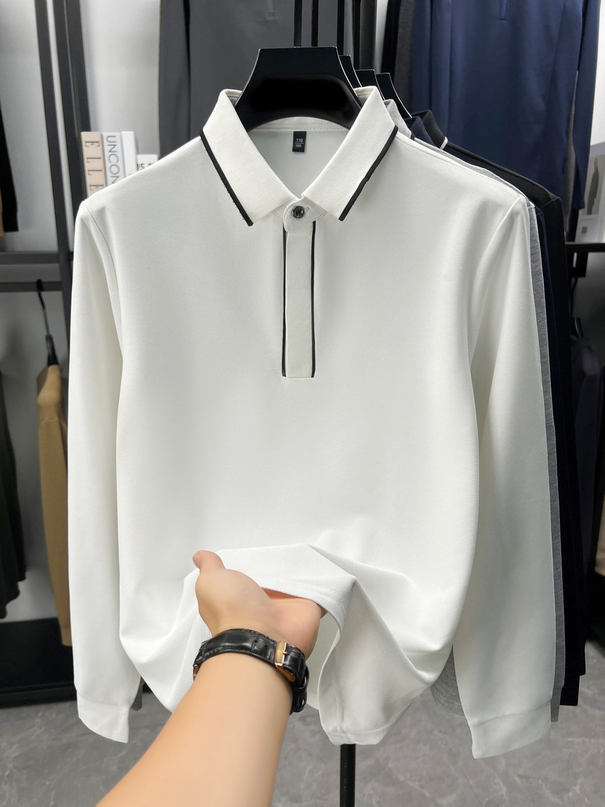 Autumn Multi-Color Selectable Men'S Contrast Edge Long Sleeve Polo Shirt, Comfortable Fabric, Easy Lapel, Delicate And Smooth, Loose Fit, Business Commute, Visiting Friends, Business Travel, Home Casual Top - White