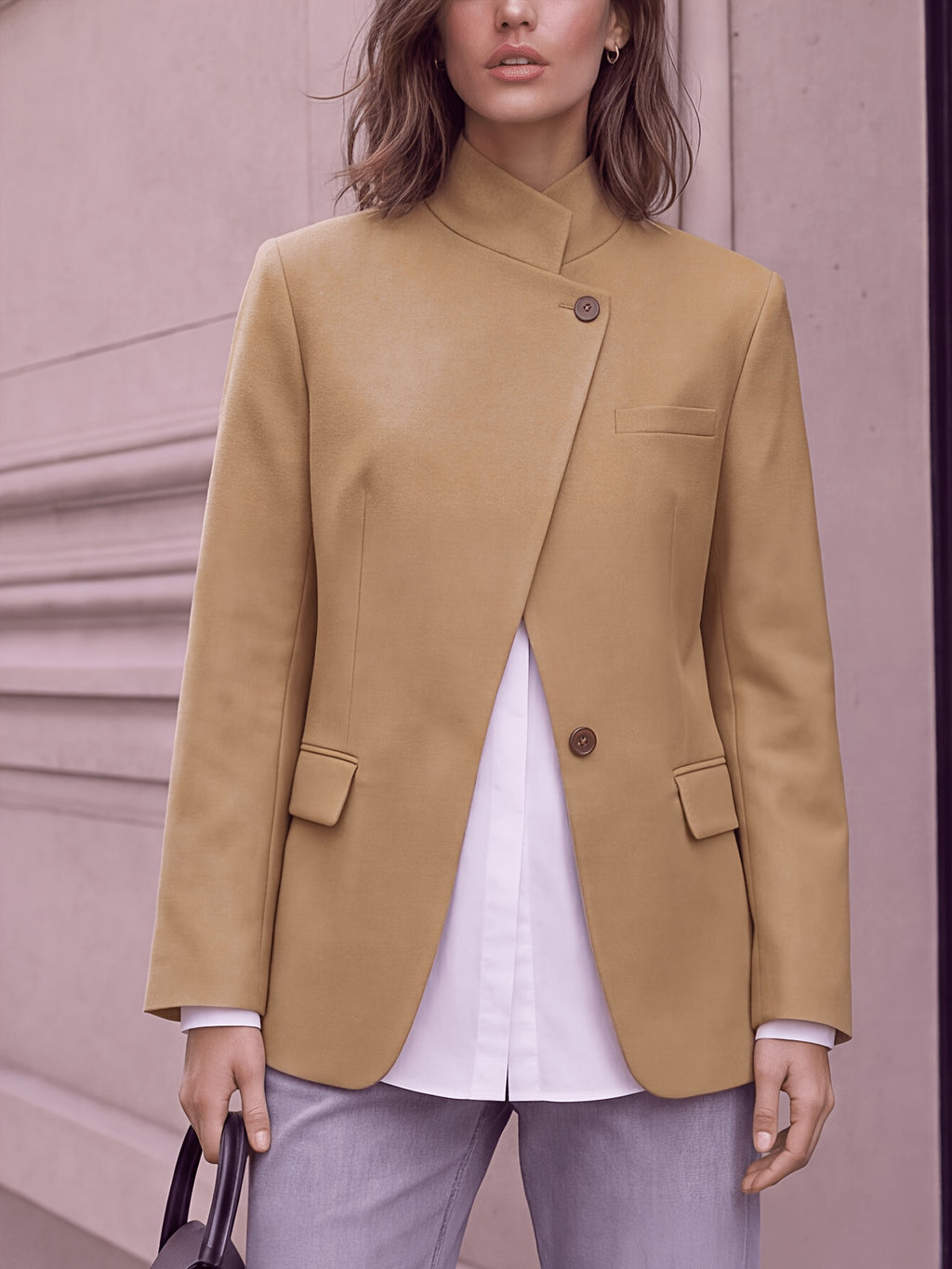 Stand-up Collar with Irregular Slanted Placket, Women's Casual Blazer, Versatile and Elegant Commuter Blazer Top, Dual-wear Suit for Daily and Workplace, Lined, with Pockets - Camel