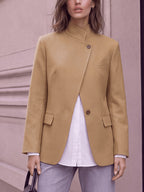 Stand-up Collar with Irregular Slanted Placket, Women's Casual Blazer, Versatile and Elegant Commuter Blazer Top, Dual-wear Suit for Daily and Workplace, Lined, with Pockets - Camel