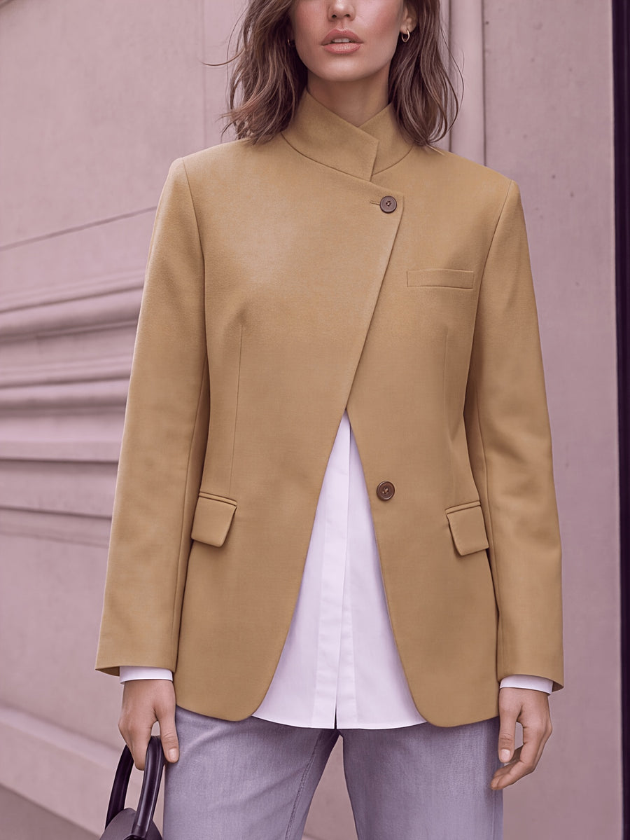 Stand-up Collar with Irregular Slanted Placket, Women's Casual Blazer, Versatile and Elegant Commuter Blazer Top, Dual-wear Suit for Daily and Workplace, Lined, with Pockets - Camel