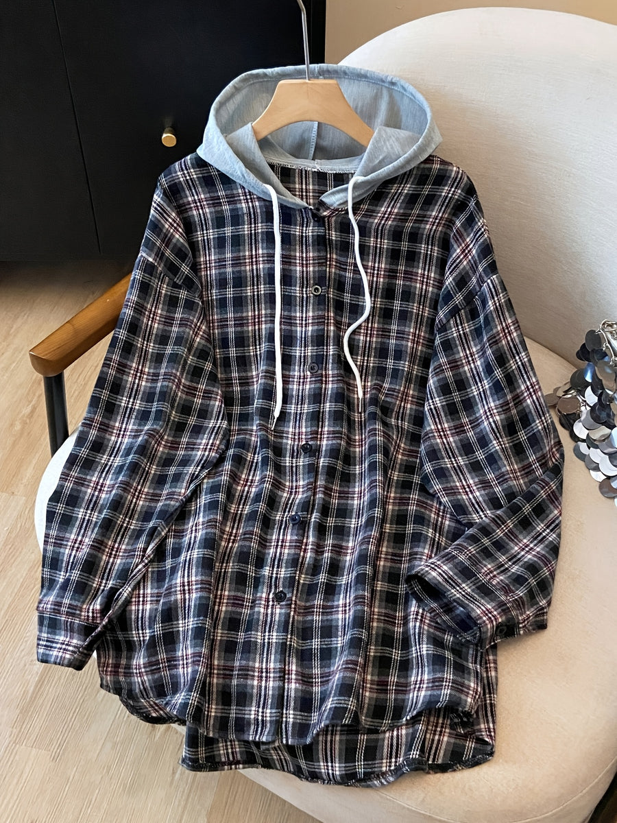 Plus Size, Spring Women's New Arrival Clothing, Autumn Women's Fashion Casual Wear, Plaid Hooded Long-Sleeve Shirt, Plus Size Women's Shirt, Oversized Top, Autumn Hooded Cardigan, Fashion Plaid Shirt, Korean Style Women's Clothing, Women's Winter - Brick Red
