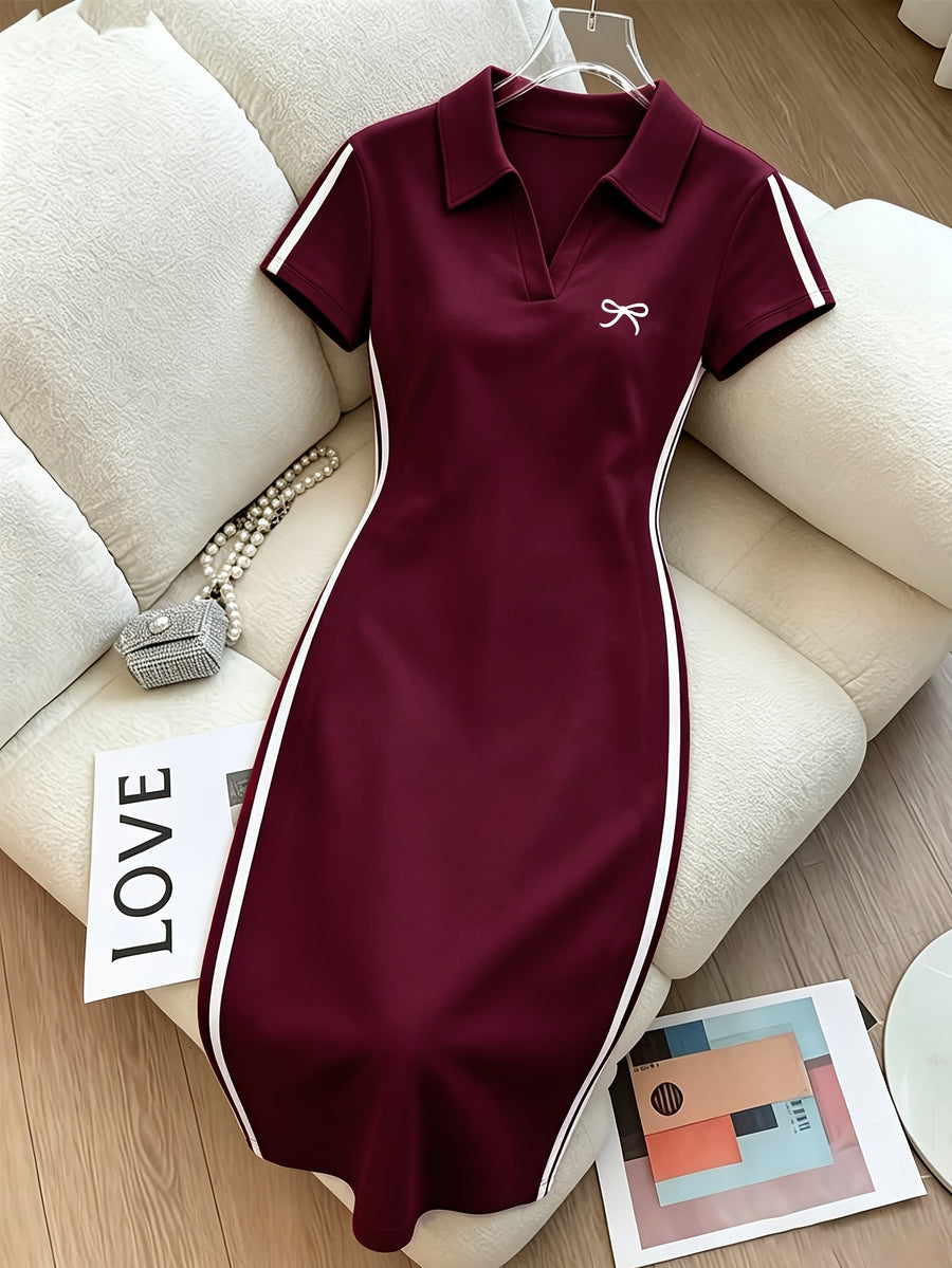Ladies Bow Print Side Stripe Polo Collar Dress, Slim Fit Hip Wrap Dress for Summer - Burgundy