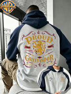 Warner Autumn/Winter New Arrival Men's Hooded Jacket, Streetwear Trendy Casual Versatile Color-Block Patchwork Top, Golden Lion Badge and "PROUD GRYFFINDOR" Text Graphic Print, High Street Fashion Brand Loose Fit Couple's Style Sweatshirt - Light Twist Gray