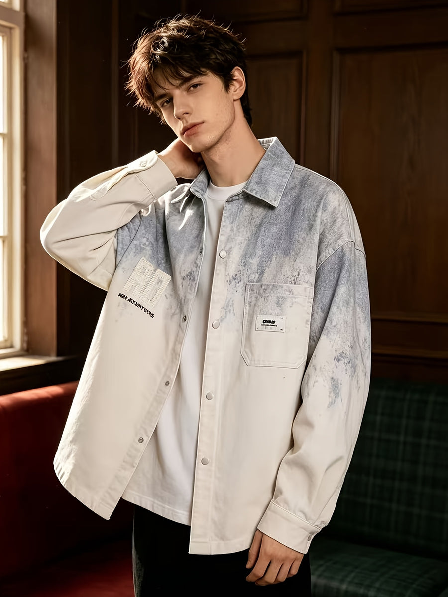 [Pearson OBM] Faux Denim Jacket Outerwear Gradient Long Sleeve Cardigan Couple Style Versatile Top Long Sleeve Shirt - Blue