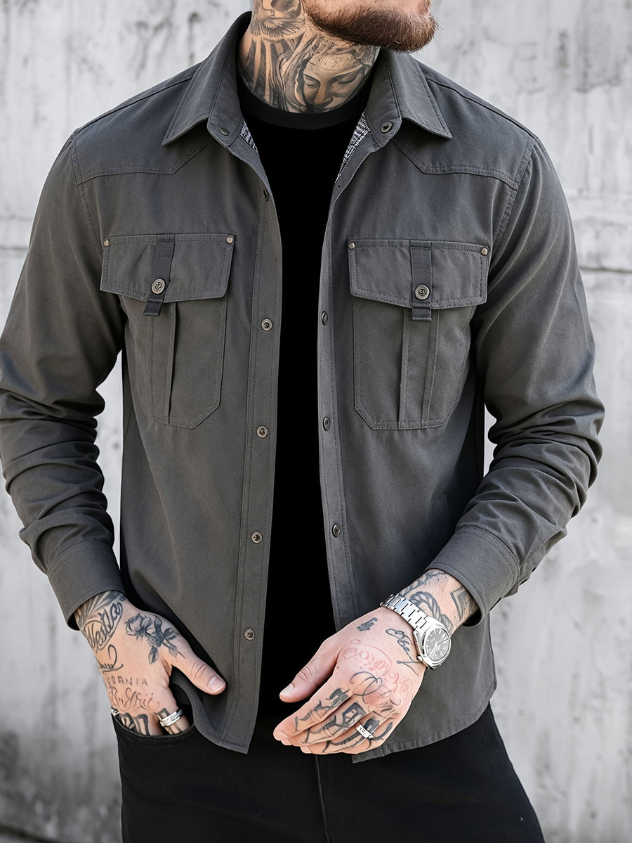 Men's Spring-autumn Casual Jacket Shirt with Checked Lining. Multi-pocket Design. A Simple and Versatile Plain-colored Coat That Is Suitable for Daily Outings, Sports, Outdoor Activities, Vacation Trips or Traveling. - Grey