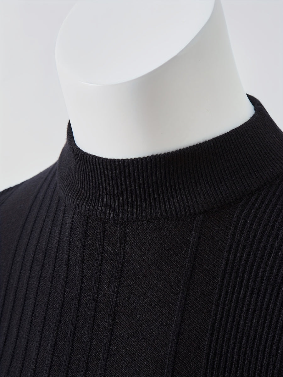 Men'S Short-Sleeved Knitted Shirt, Short-Sleeved Sweater with a Small Stand-Up Collar, T-Shirt Sweater That Can Be Worn in Spring, Autumn And Winter, Half-High Collar Short-Sleeved Knitted Sweater, Thick, Warm, Solid Color Base - Black