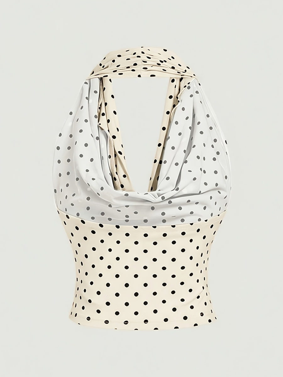 Women's Elegant Polka Dot Halter Neck Top, Summer Vacation Style, Fashionable Sweet and Versatile Sexy Party Outfit, Spring/Summer Collection - Apricot