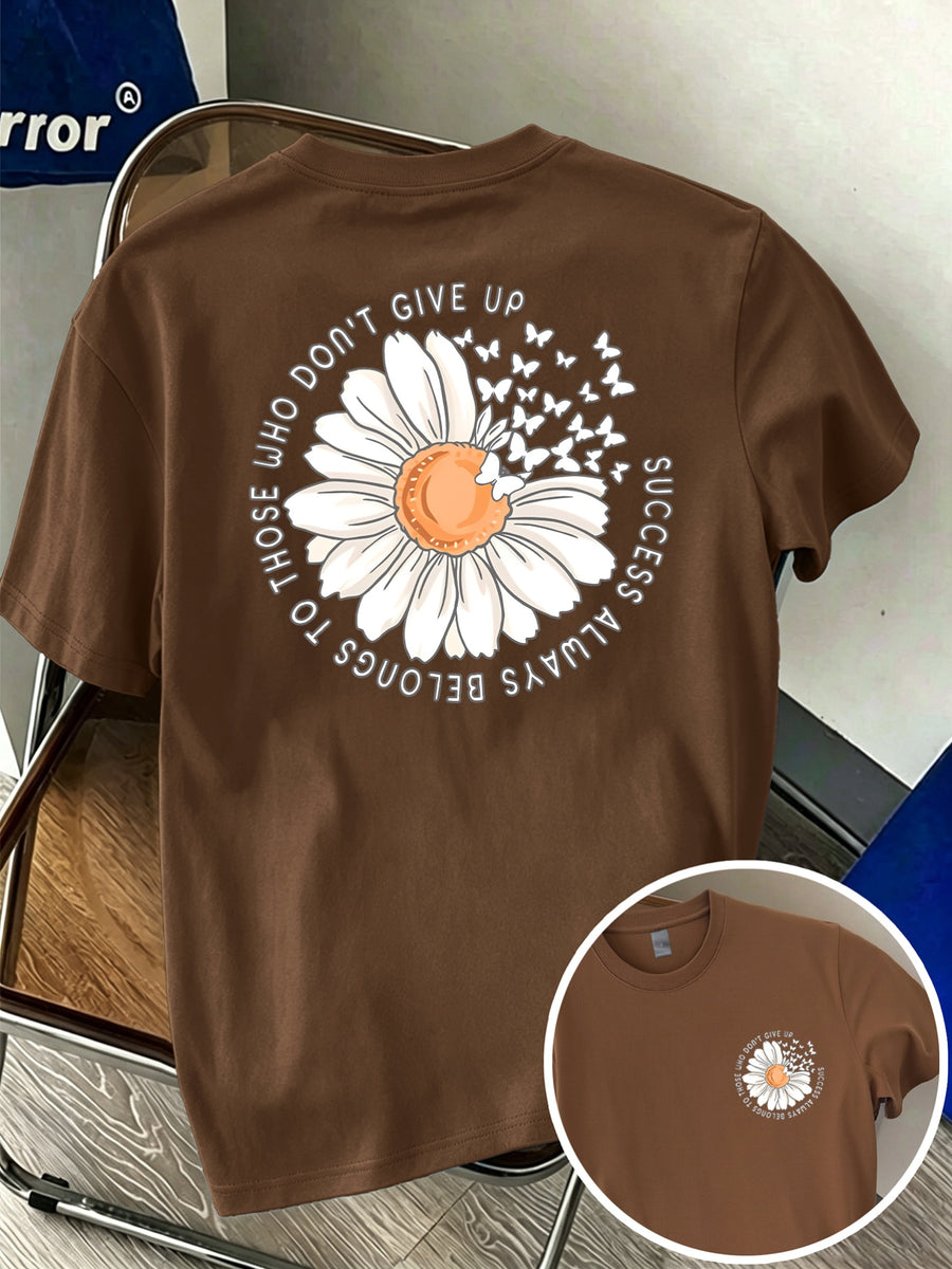 Men's 100% Pure Cotton Comfortable Casual Soft Breathable Daisy and Butterfly Print Short-Sleeve T-Shirt for Spring and Autumn Daily Commuting - Coffee Brown