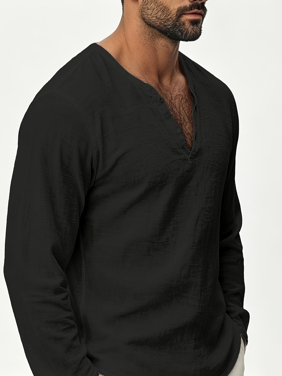 Henley Shirt Men'S Linen Long Sleeve Seasonal Lightweight Breathable V-Neck Loose Beach Vacation Casual Top - Black