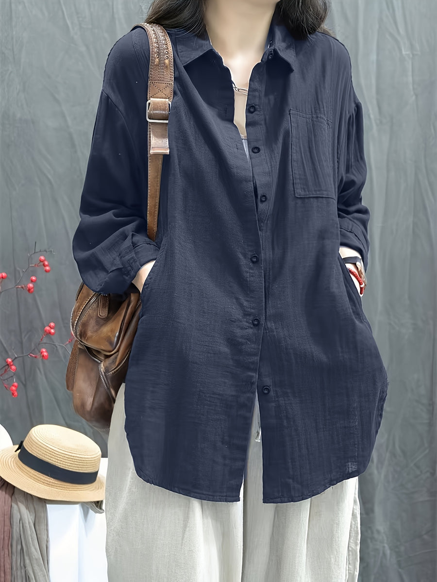 2025 Spring/Autumn New Style Loose All-Match Casual Solid Color Long Sleeve Shirt Women'S Retro Commute Street Style - Navy Color