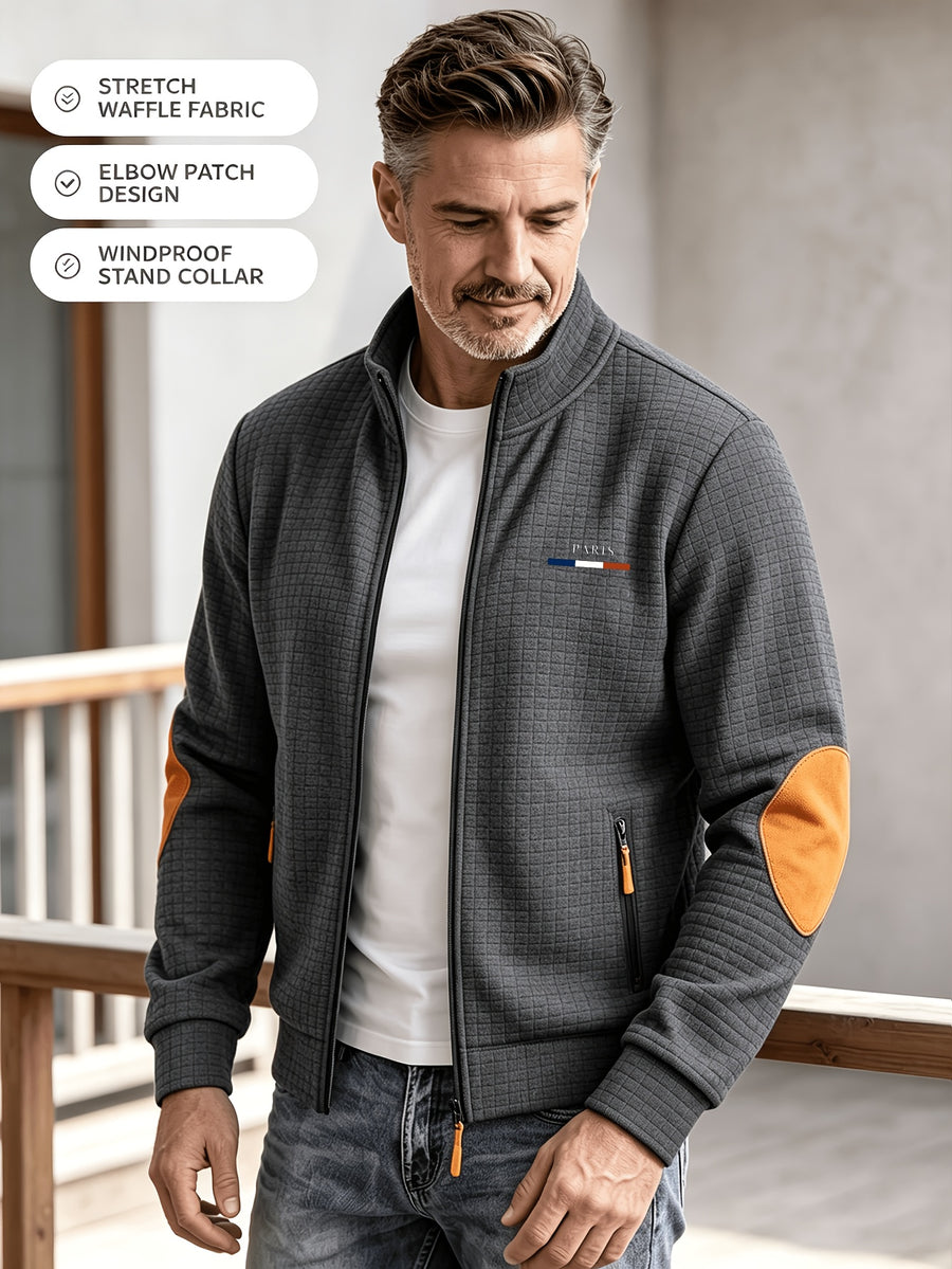 2pcs Men'S Autumn Winter Sports Small Stand-Up Collar Zipper Pocket Jacket, Spring Autumn Versatile Zipper Cardigan Top, Fashionable Plaid Jacquard Texture Fabric, Stylish Elbow Classic Color-Block Casual Coat, Suitable As Men'S Holiday Gift - Gray+black