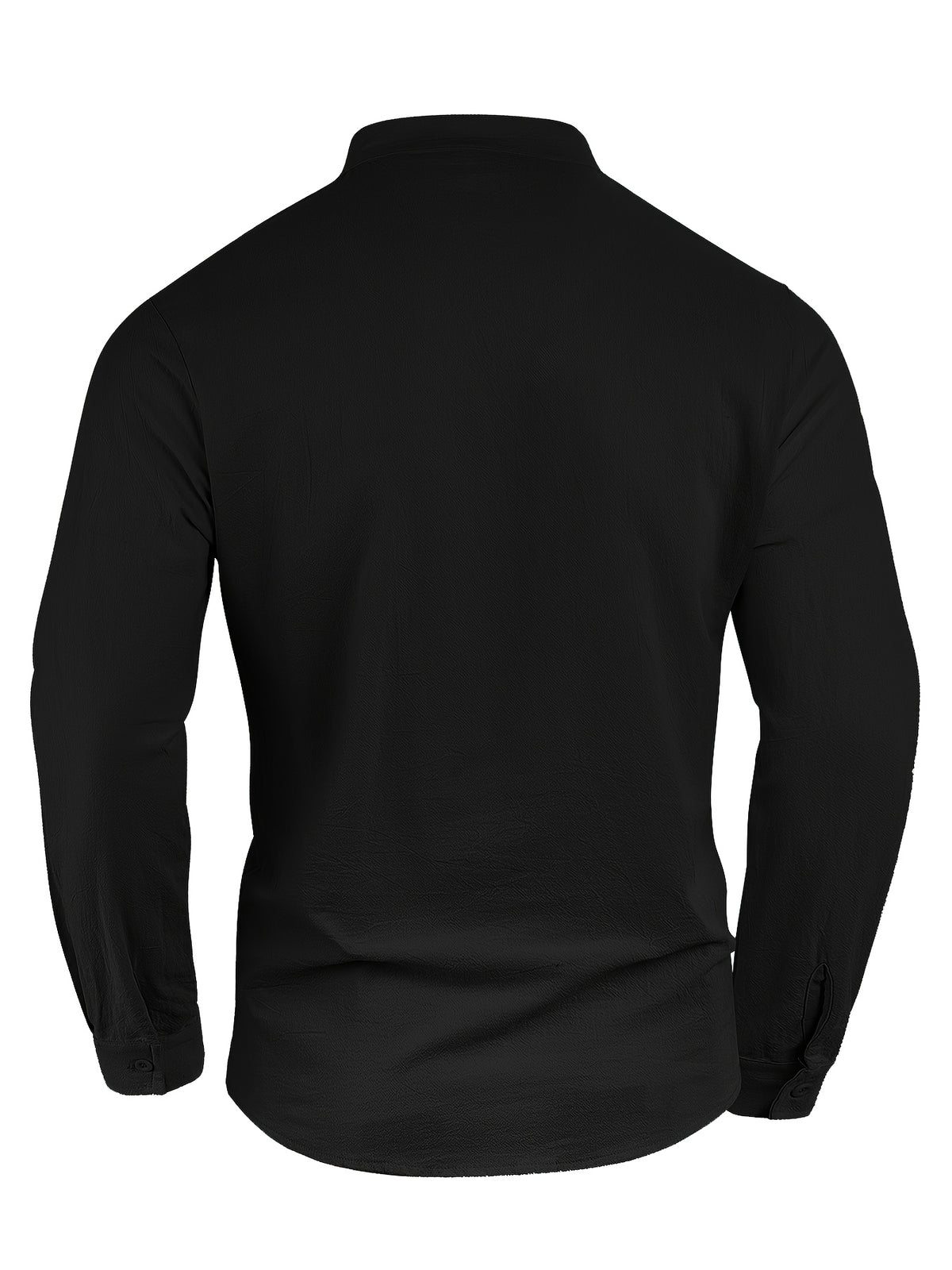 Men'S Linen Material Small Lapel Design Half-Open Button-Up Pullover Style Solid Color Casual Long Sleeve Shirt Suitable for Vacation Travel And Other Activities - Black